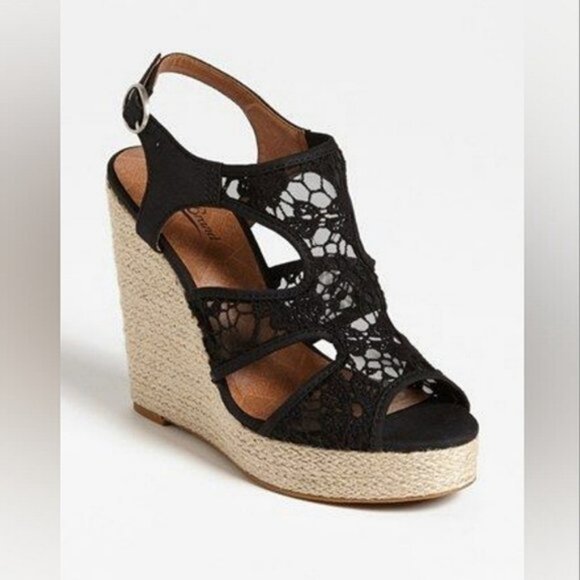 LUCKY BRAND Crochet Cut Out Riedel Ranette Wedge Sandals- Black - Picture 6 of 9